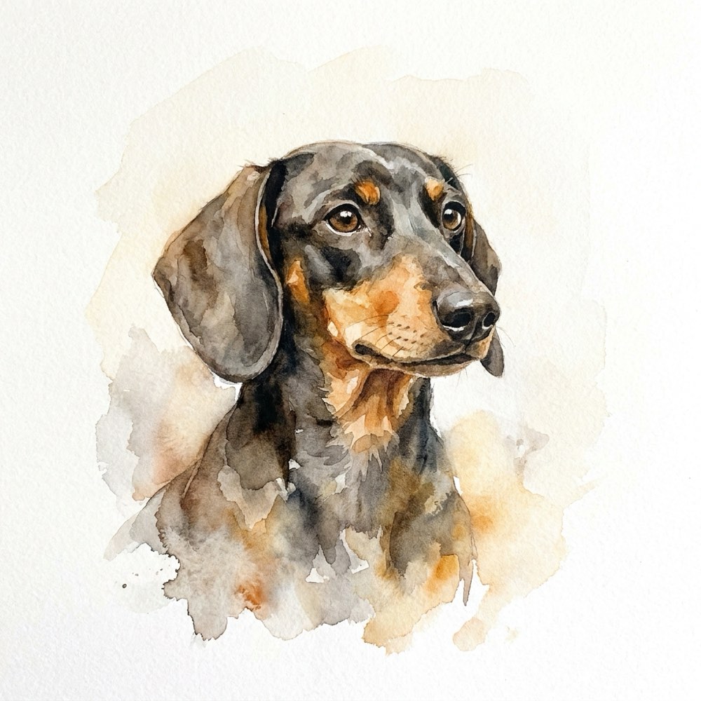 Sample memorial portrait: a dachshund in soft watercolor