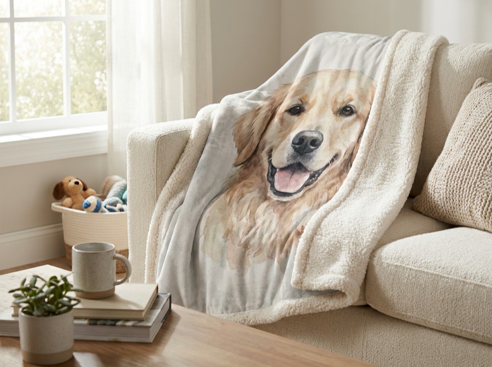 A fleece blanket printed with a custom pet portrait, draped over a sofa