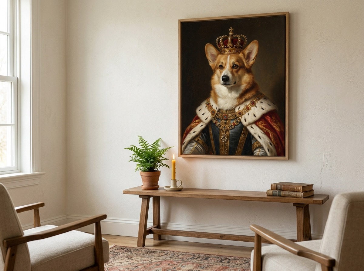 A wrapped canvas pet portrait hanging on a living room wall