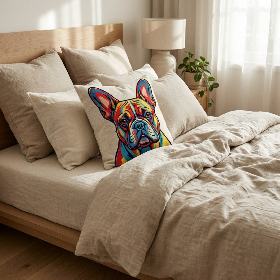 A throw pillow printed with a custom pet portrait