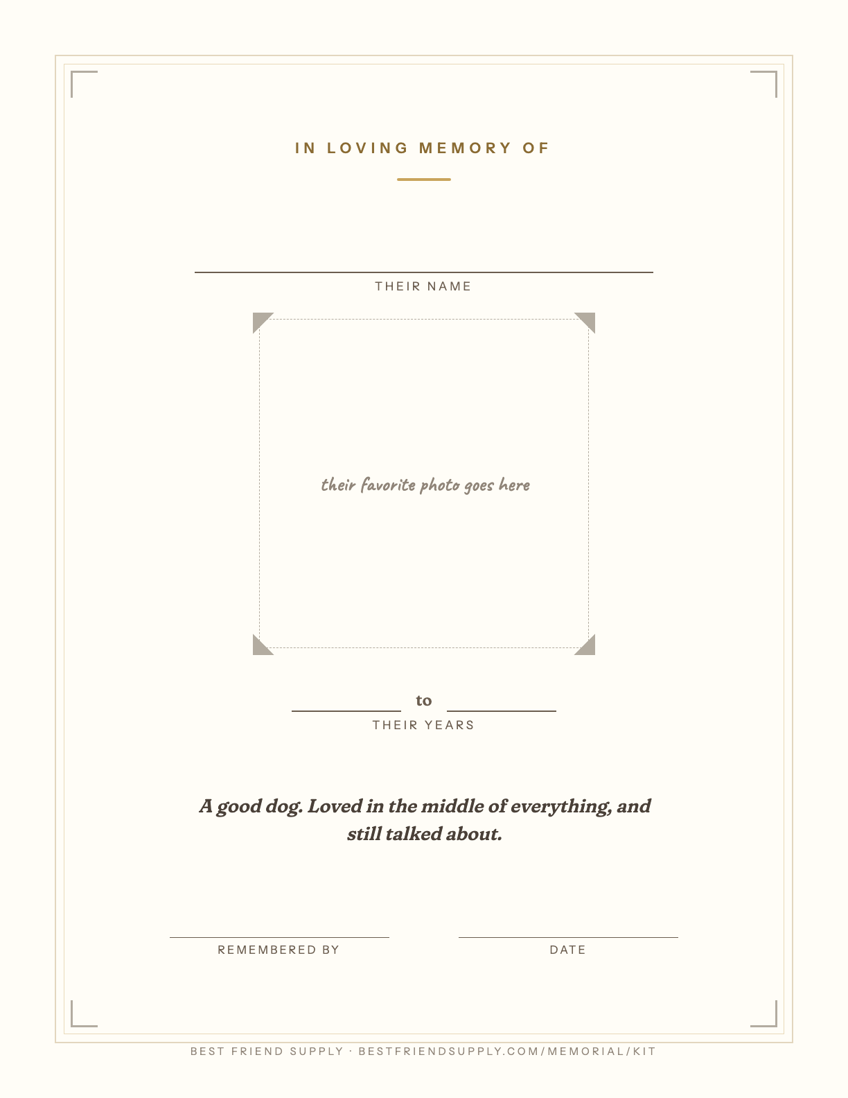Preview of the memorial certificate: a framed page with space for a name, years, and a photo