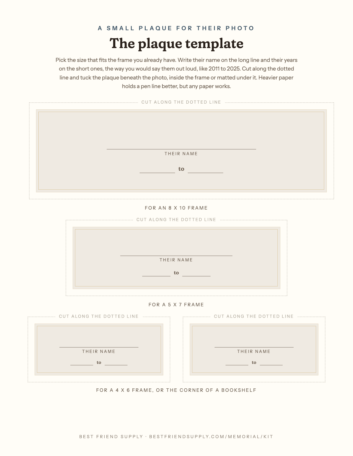 Preview of the plaque template: cut-out name plaques in three frame sizes